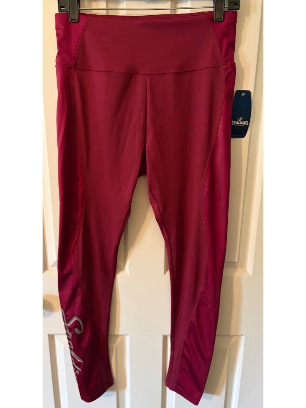 NWT Women's Spalding High Shine Maroon Stretch Leggings Size Large Curved Leg Pa